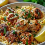 Greek Chicken Meatballs with Lemon Orzo