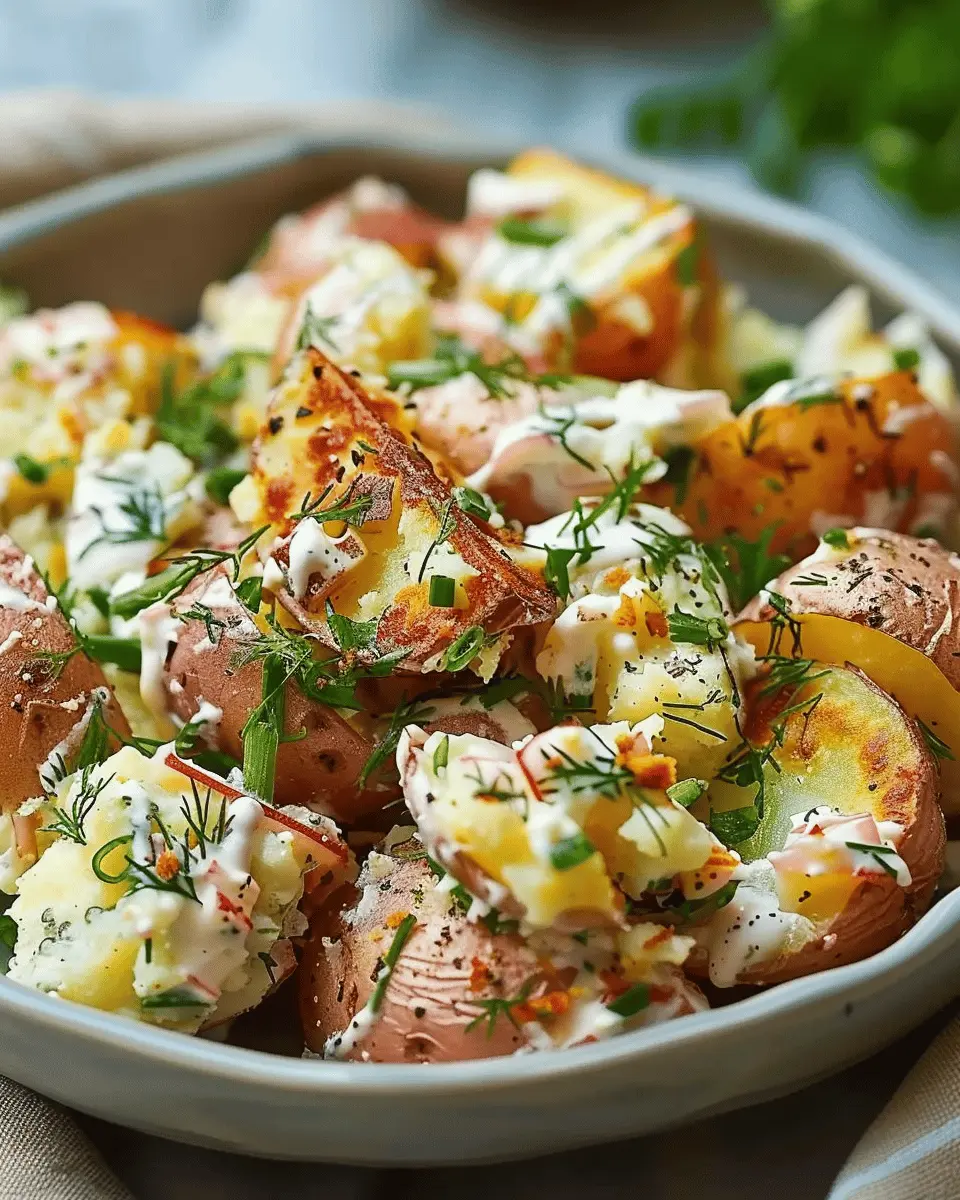 Crispy Smashed Potato Salad with Turkey Bacon and Chicken Ham