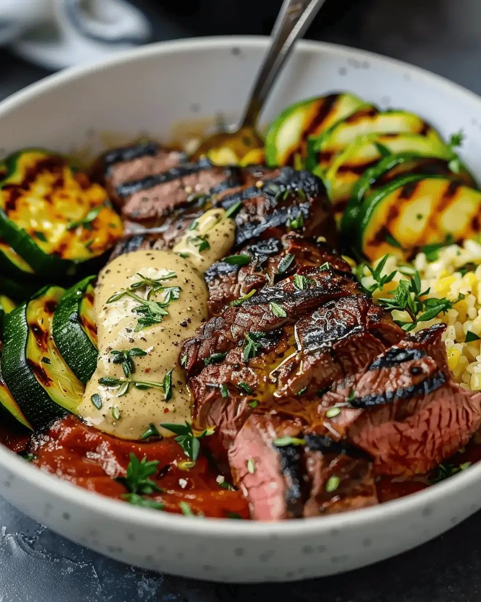 Grilled Steak Bowl: A Juicy Delight with Sauce & Grilled Zucchini