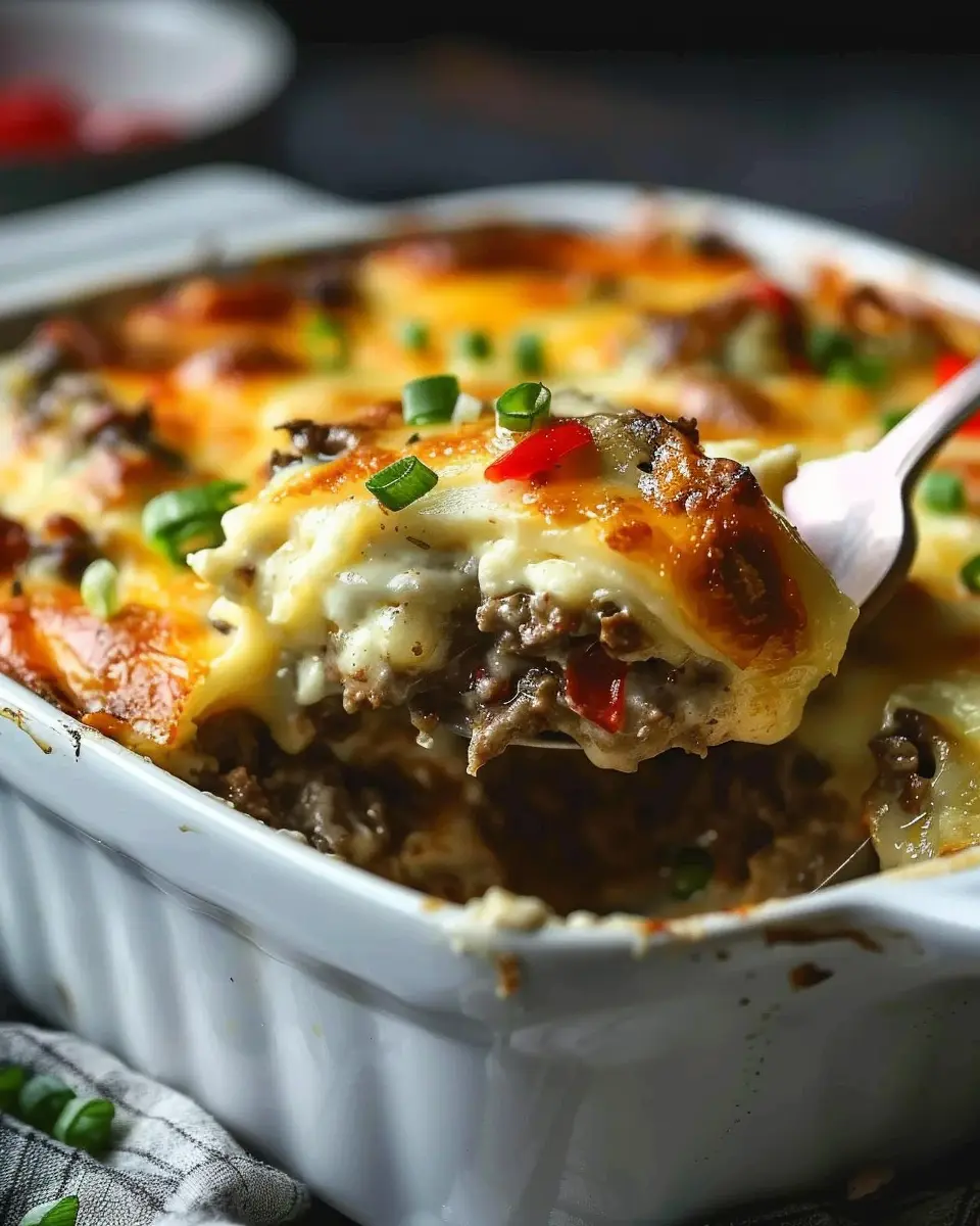 Low Carb Philly Cheesesteak Casserole with Turkey Bacon Delight