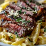 Steak and Creamy Garlic Parmesan Pasta